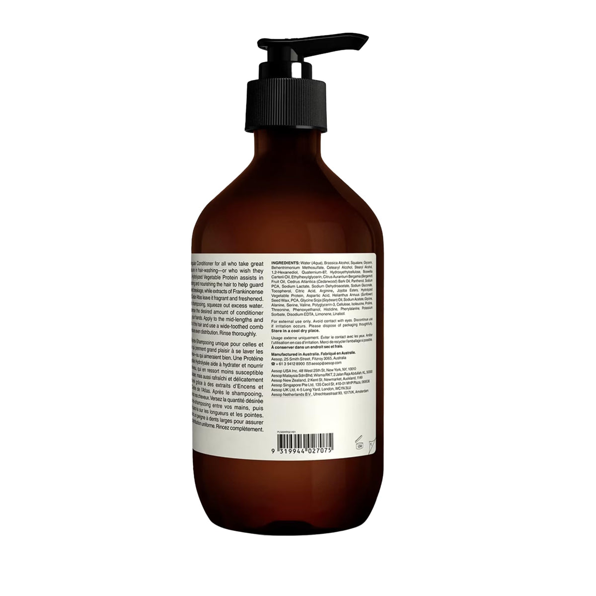 Aesop bottle next to hand illustrating 500mL size and everyday practicality
