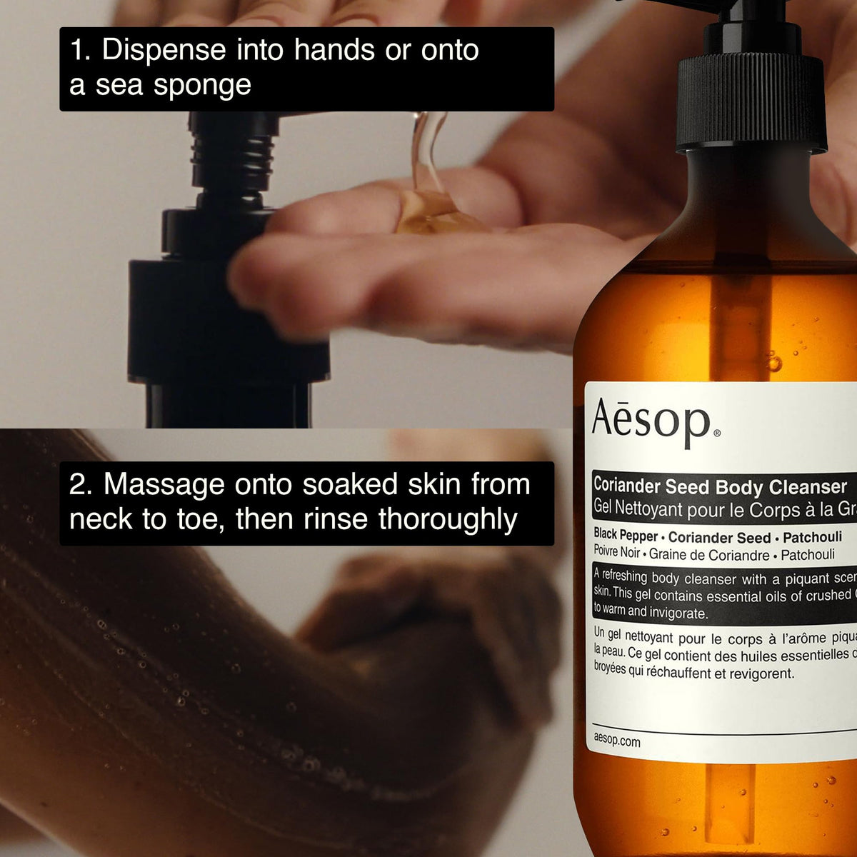 Aesop bottle in hand to show 500 mL scale and everyday size