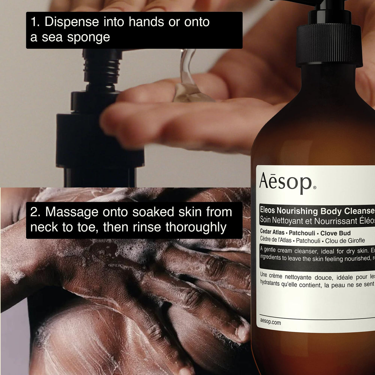 Aesop Eleos bottle scale in hand showing 500 mL size for portion expectation
