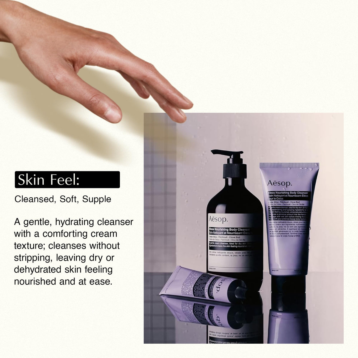 Aesop Eleos in shower lifestyle scene conveying calm ritual and gentle cleansing