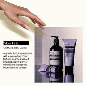 Aesop Eleos in shower lifestyle scene conveying calm ritual and gentle cleansing