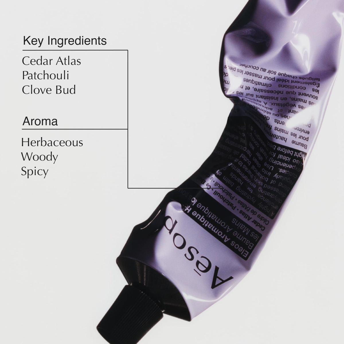 Aesop ingredients label highlighting cedar atlas, patchouli and clove bud benefits