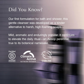 Aesop Eleos recycled bottle label highlighting sustainability and recycled plastic benefit