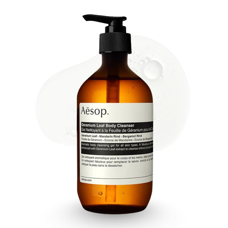 Aesop bottle front view showing clean minimalist packaging and refreshing benefit