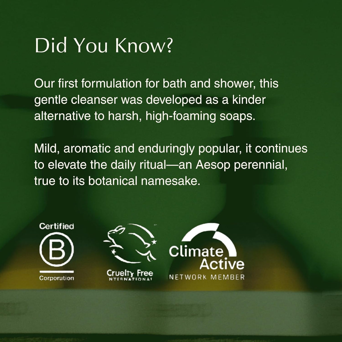 Aesop bottle staged in bathroom lifestyle scene showing daily ritual and refreshing benefit