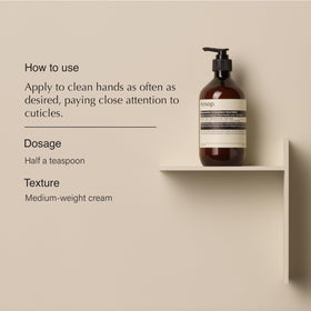 Aesop hand balm tube close-up label highlighting ingredient clarity and luxury
