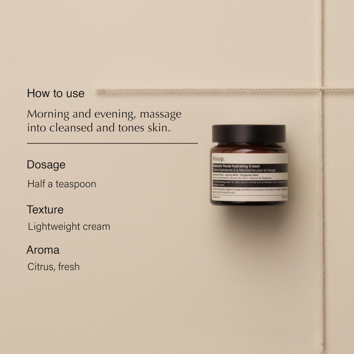 Aesop mandarin cream texture close-up showing lightweight cream and cooling finish on skin