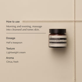 Aesop mandarin cream texture close-up showing lightweight cream and cooling finish on skin
