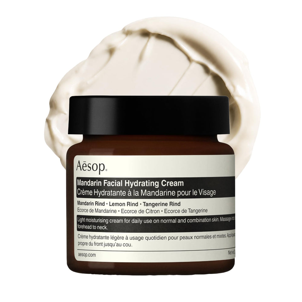 Aesop mandarin cream front packaging showing label and compact jar for travel-friendly hydration