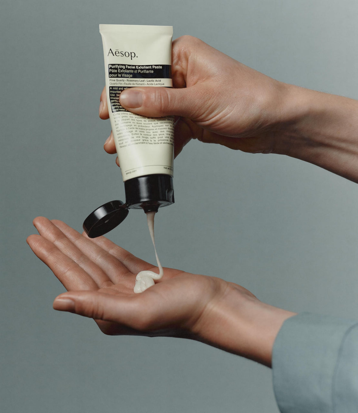 Aesop ingredients label highlighting rosemary, lactic acid and eco-friendly info