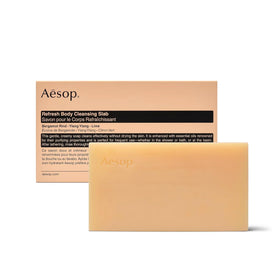 Aesop Refresh slab front packaging showing full bar and weight benefit
