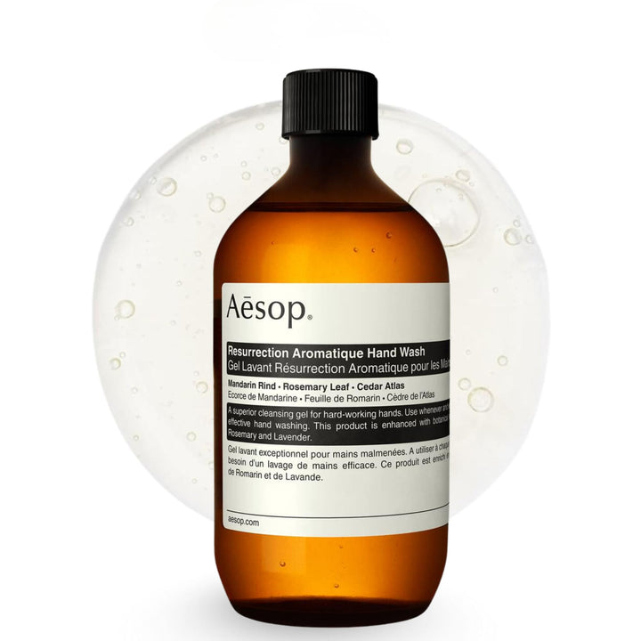 Aesop refill bottle front view showing product and scent benefits