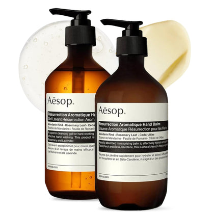 Aesop front packaging showing both 500 mL bottles and minimalist design benefits