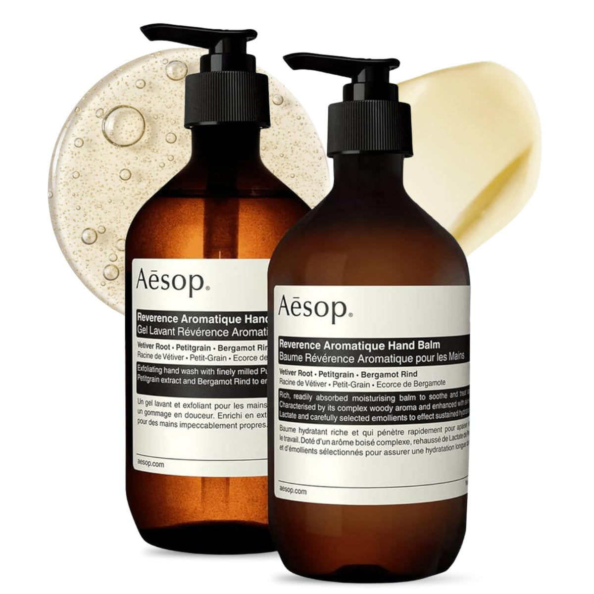 Aesop Reverence duo front packaging showcasing amber bottles and minimalist label, elegant presentation