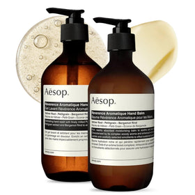 Aesop Reverence duo front packaging showcasing amber bottles and minimalist label, elegant presentation