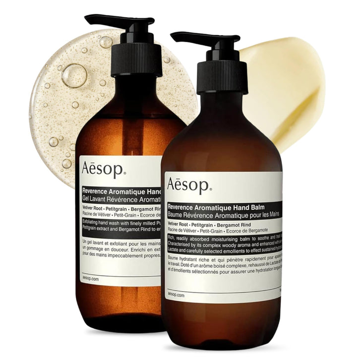 Aesop Reverence duo front packaging showcasing amber bottles and minimalist label, elegant presentation