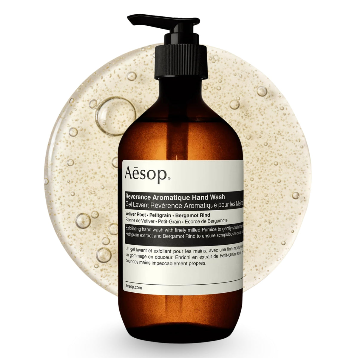 Aesop bottle front packaging showing label and 500mL size for clear identification and design benefit