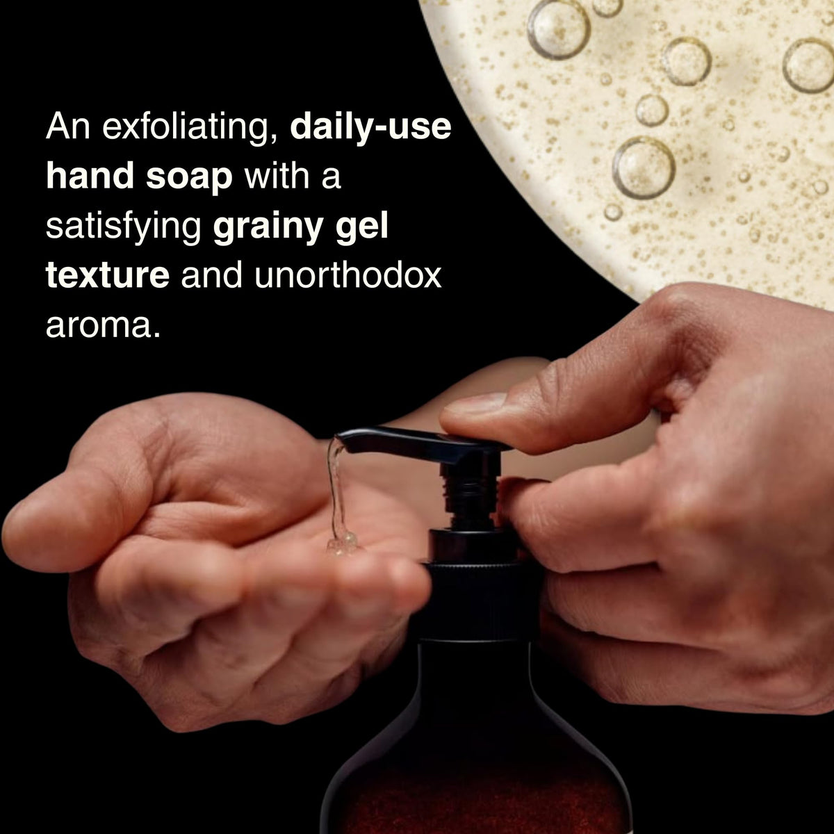 Close-up of finely milled pumice texture in the wash showing gentle exfoliation benefit