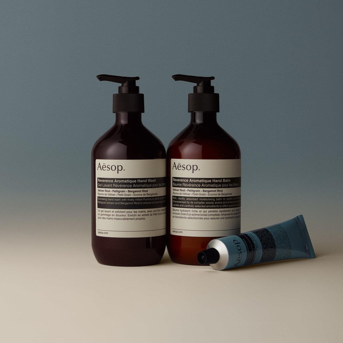 Aesop Reverence bottles with hand for scale showing generous 500mL size benefit