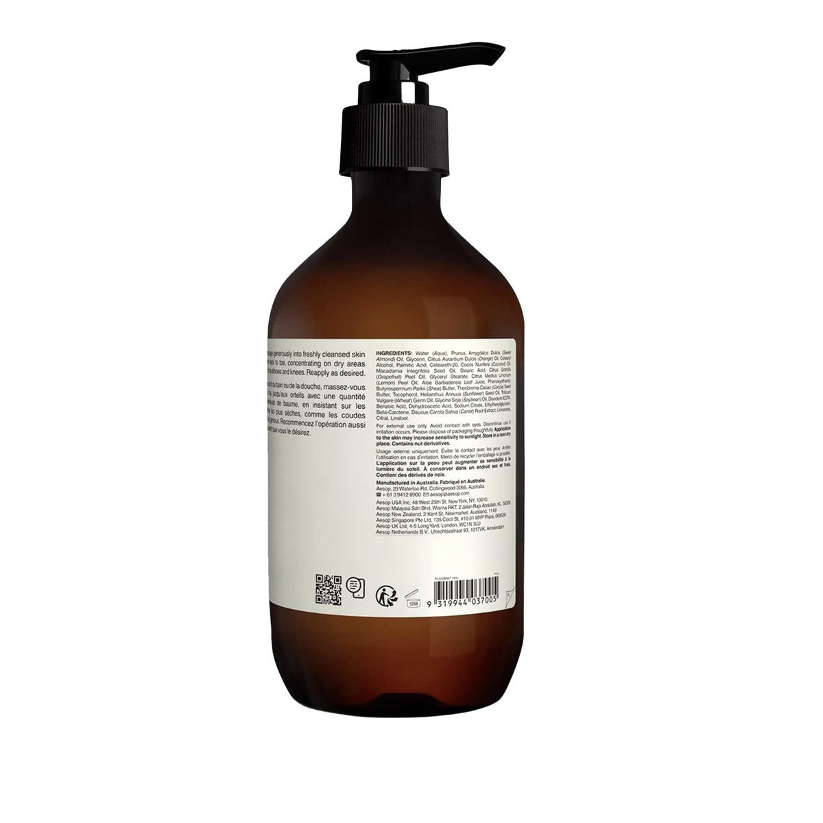 Aesop product label and ingredient list visible, emphasizes sustainable sourcing