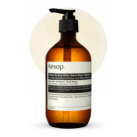 Aesop front bottle showing label and rose scent, elegant presentation benefit