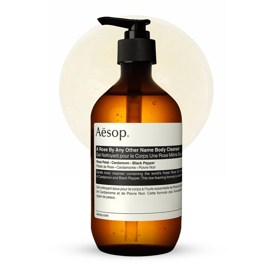 Aesop front bottle showing label and rose scent, elegant presentation benefit