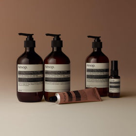 Aesop 500 mL bottles beside common items indicating scale and value