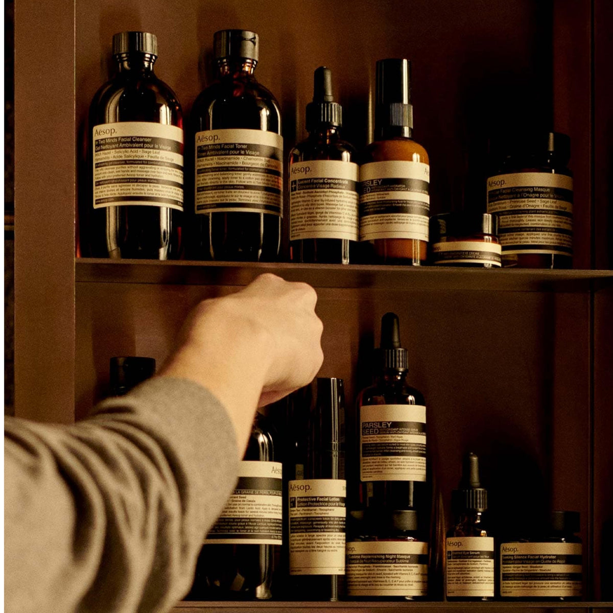 Aesop label closeup showing ingredient notes and botanical transparency
