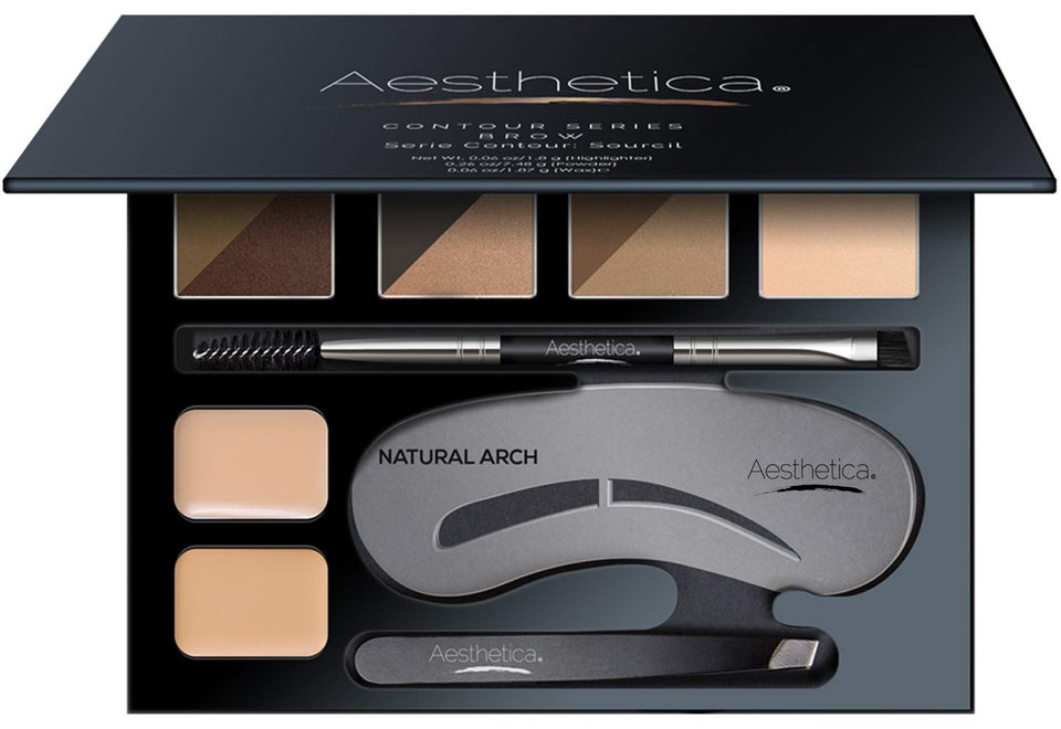 Aesthetica brow contour kit open palette showing powders and mirror for precise shaping