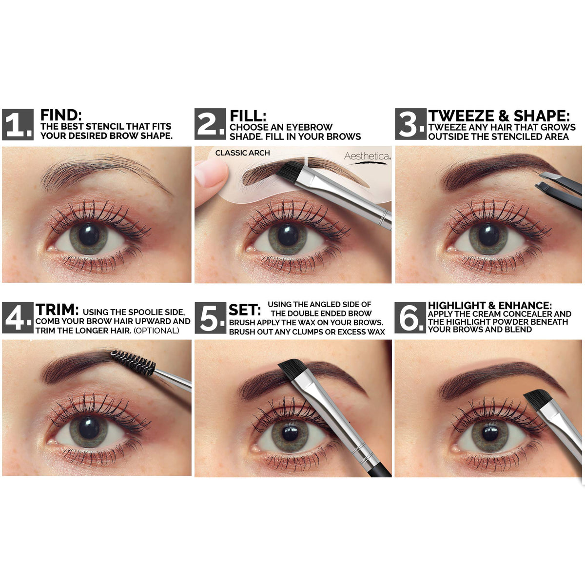 Aesthetica five eyebrow stencils with tweezers for guided, symmetrical shaping