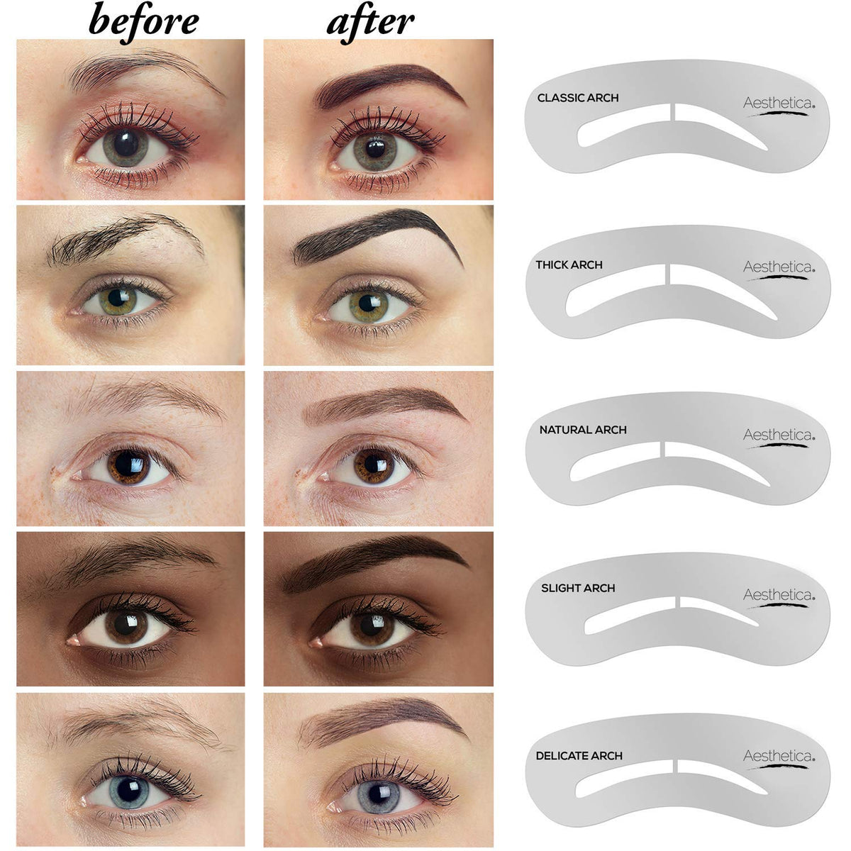 Aesthetica double-ended brush spoolie tweezers and wax arranged for convenient use