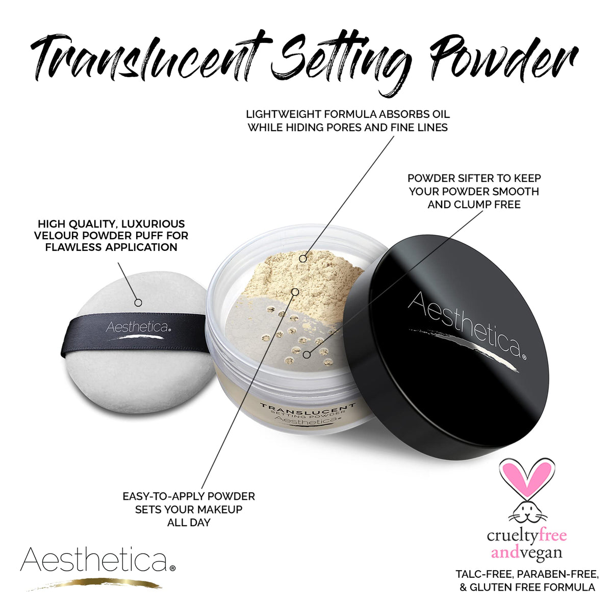 Aesthetica open jar with loose powder close-up showing fine texture and even application benefit