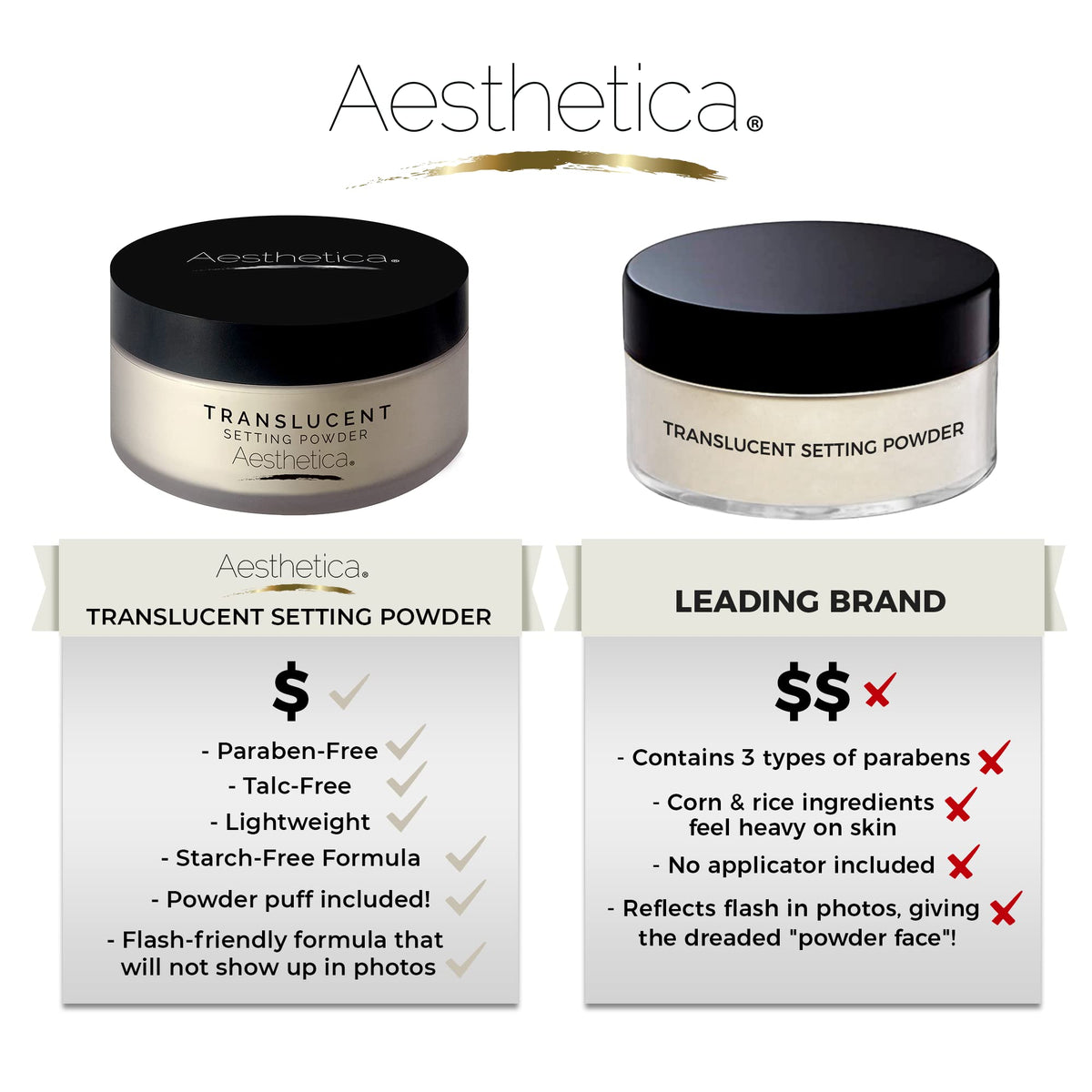 Aesthetica velour puff detail included for controlled application and easy touch-up benefit