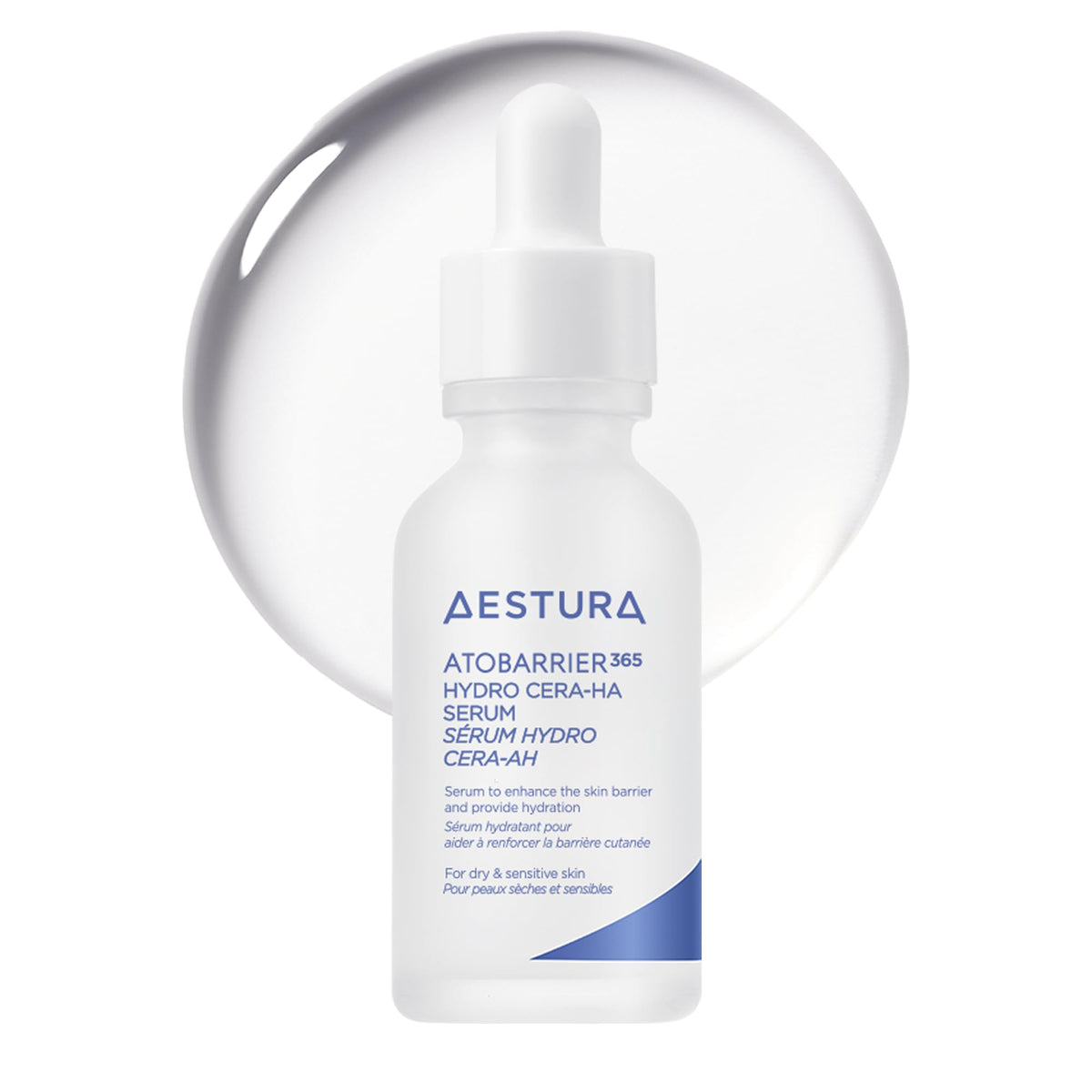 AESTURA front packaging showing the serum bottle and branding benefit