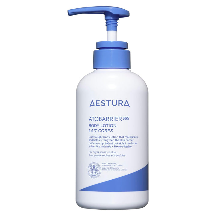 AESTURA front packaging of ATOBARRIER365 showing bottle and label, highlights gentle formula