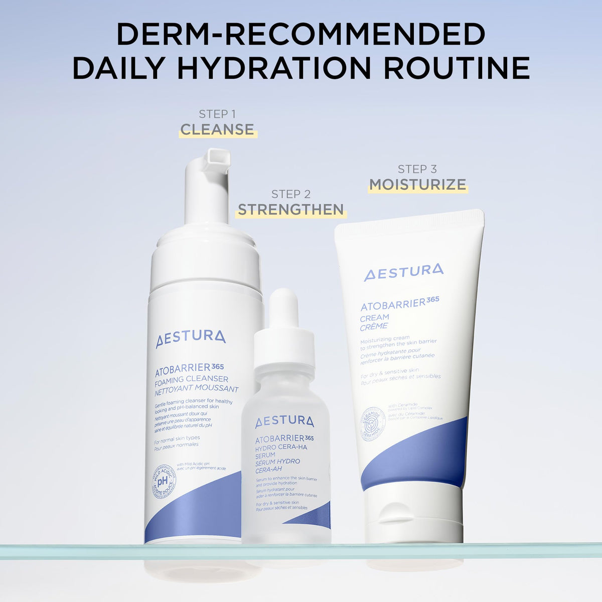 AESTURA bottle staged on bathroom counter within a simple skincare routine