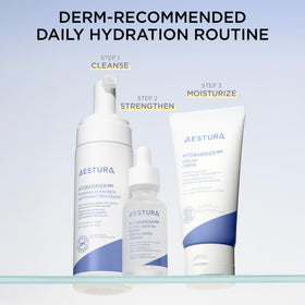 AESTURA bottle staged on bathroom counter within a simple skincare routine