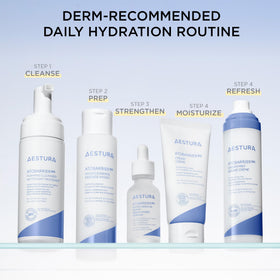 AESTURA mist on desk next to skincare for lifestyle convenience and daily refresh use