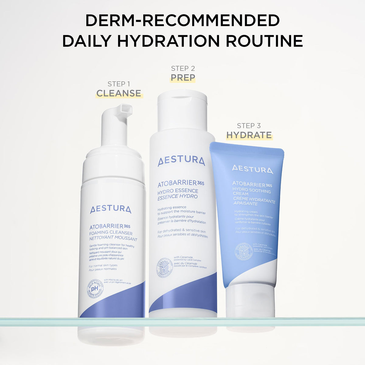 AESTURA gel spread on skin illustrating non-greasy finish and fast absorption benefit