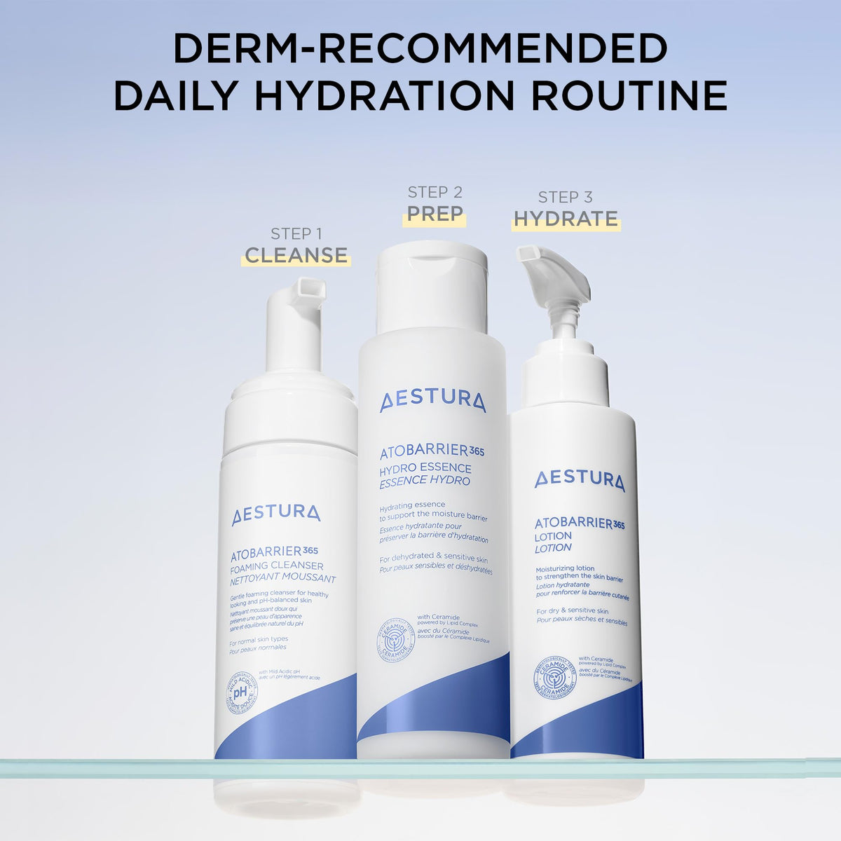 AESTURA bottle beside key ingredients to emphasize nourishing formulation benefit