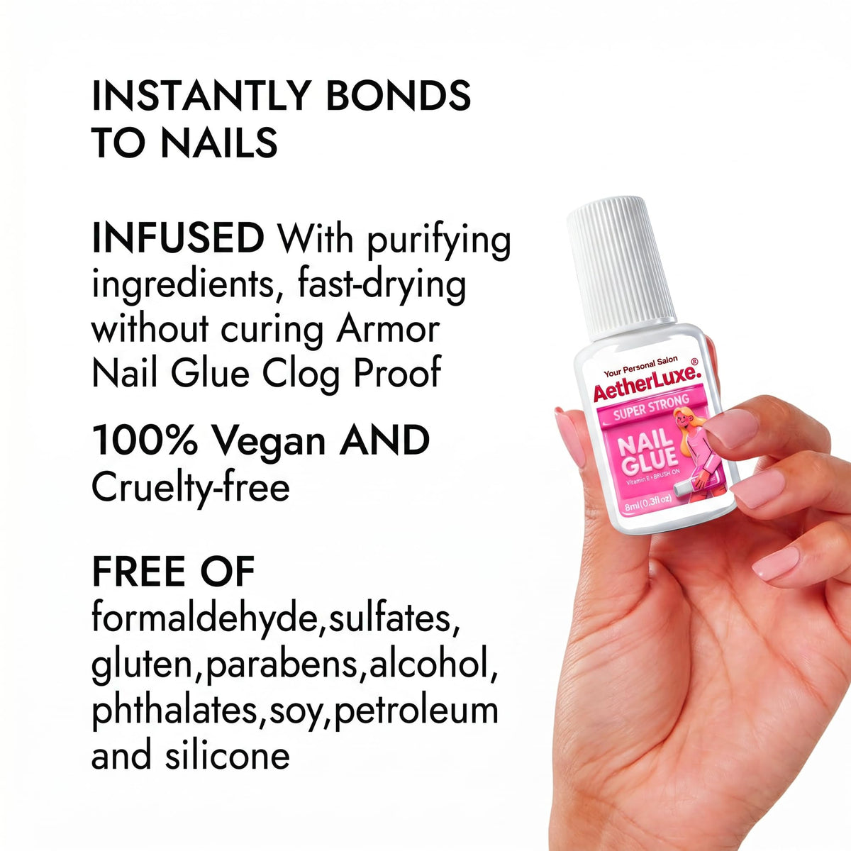 Hand applying press-on nail with AetherLuxe glue to show secure adhesion