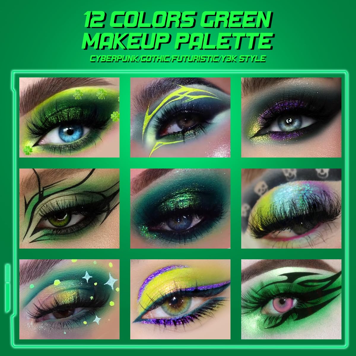 Afflano night party look model wearing emerald chrome for dramatic effect