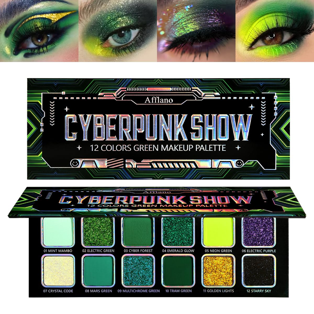 Afflano palette front open showing multichrome greens and chrome shine benefits