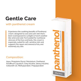 Aflofarm panthenol cream in a beach setting for post-sun calming and hydration