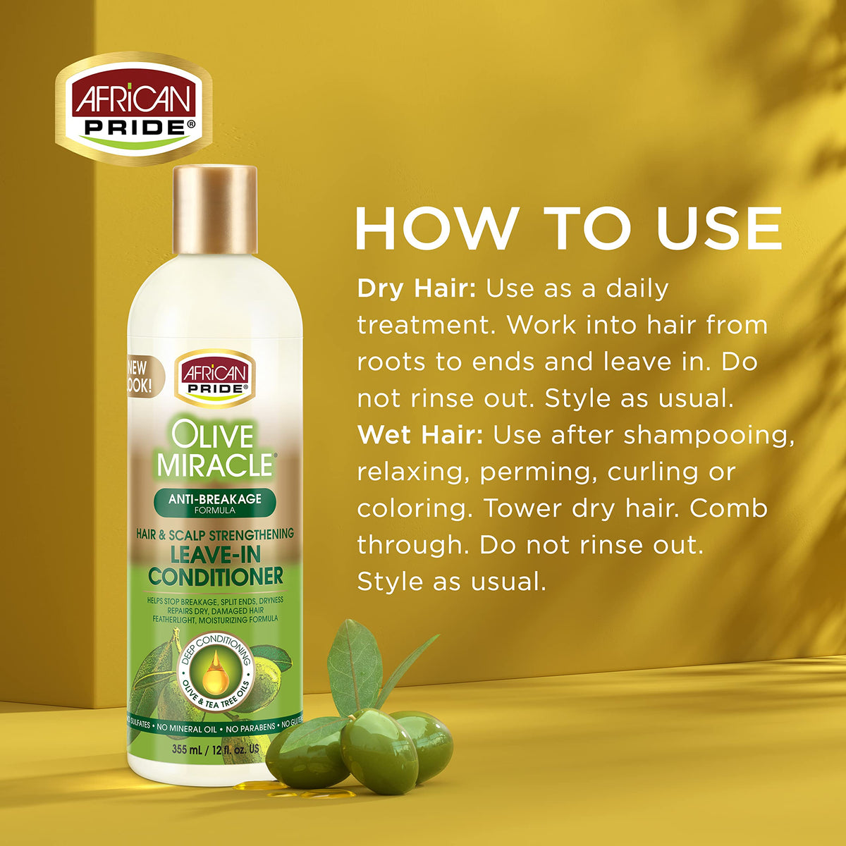 African Pride ingredients label close-up listing olive and tea tree