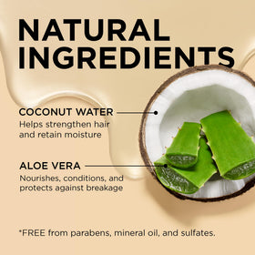 African Pride aloe leaf and coconut water visual highlighting natural hydrating ingredients