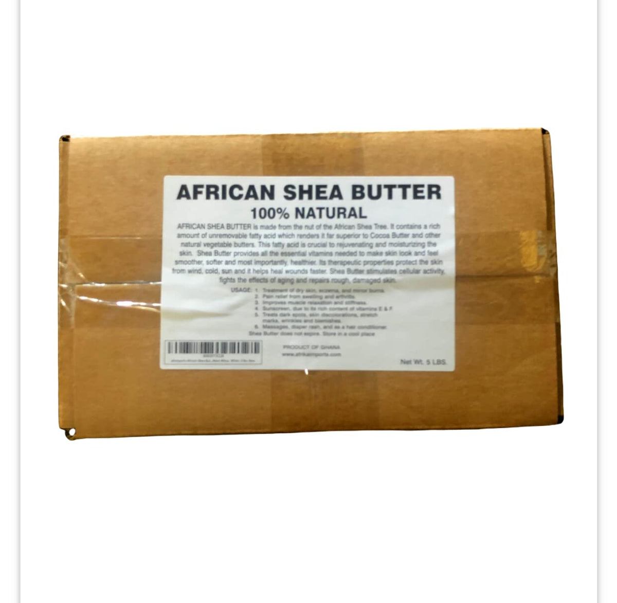 afrimports shea butter front pail showing 5 lb bulk for refilling and formulation