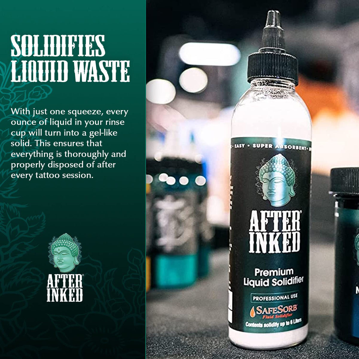 After Inked pouring into a liquid waste cup during tattoo cleanup, fast containment benefit