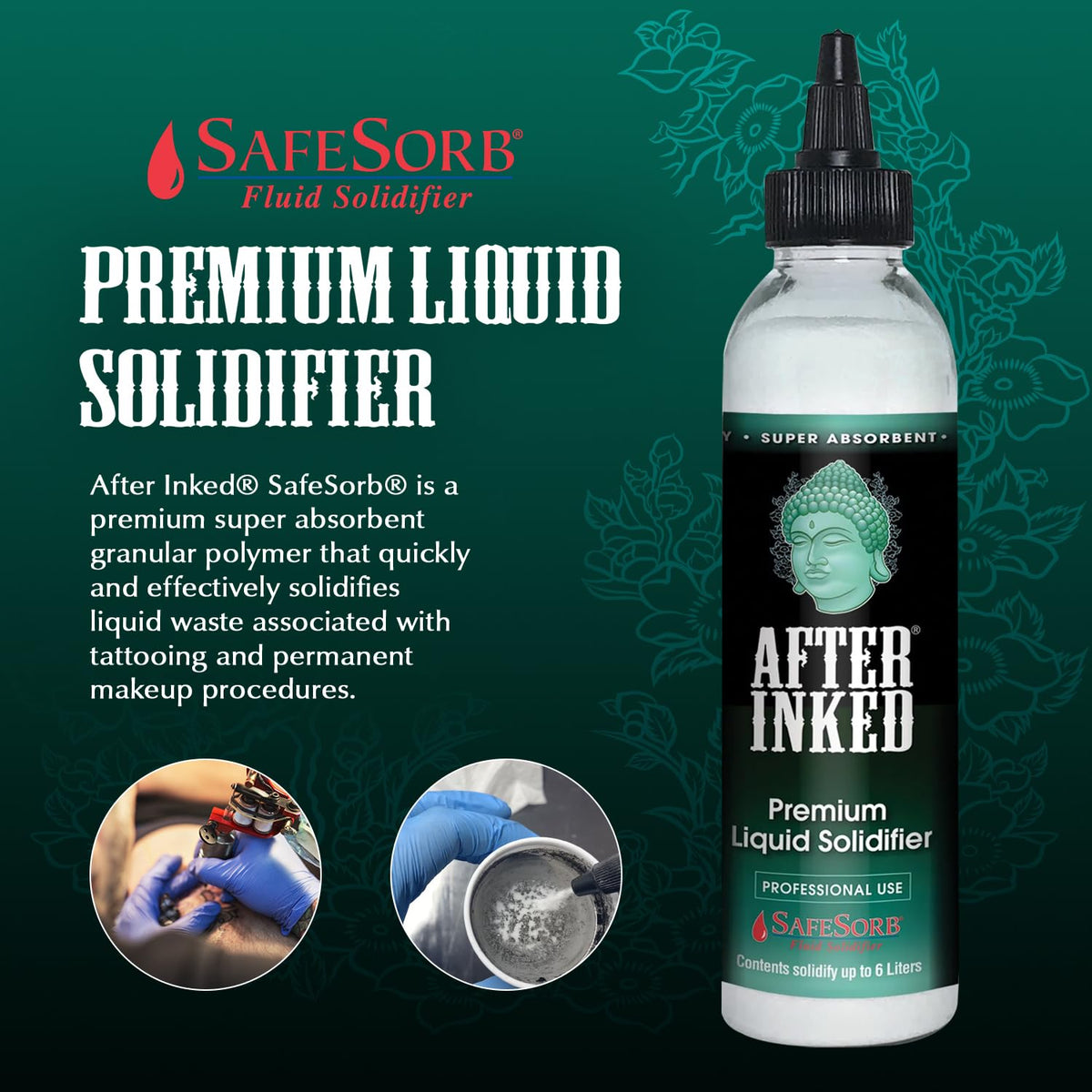 After Inked powder close-up texture, fine polymer granules for rapid absorption