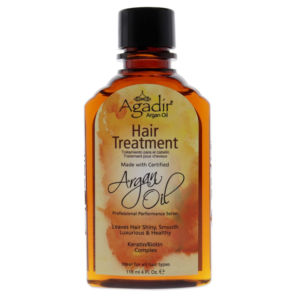 Agadir argan oil front bottle showing label and size, highlights salon-quality benefit